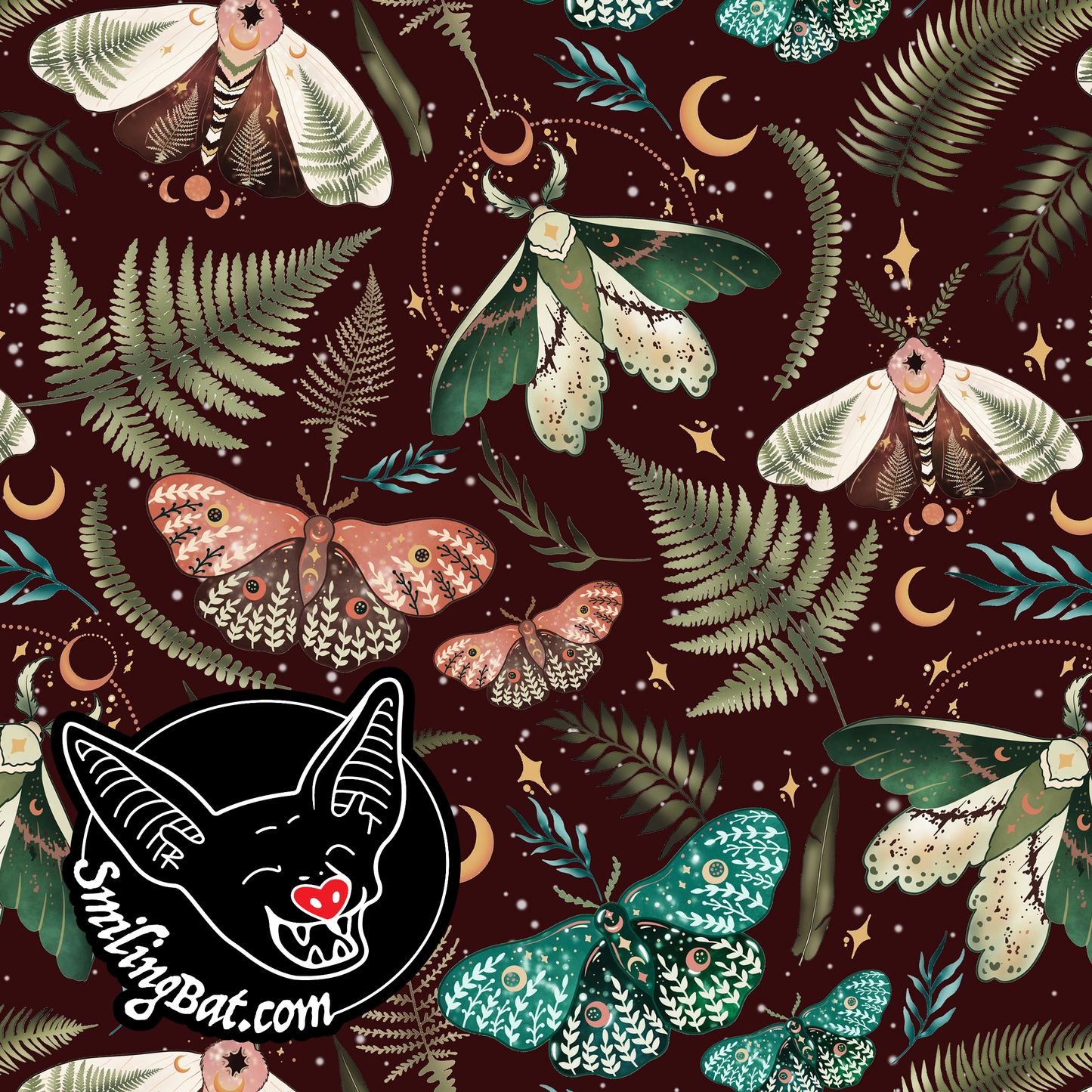 Moth and ferns maroon